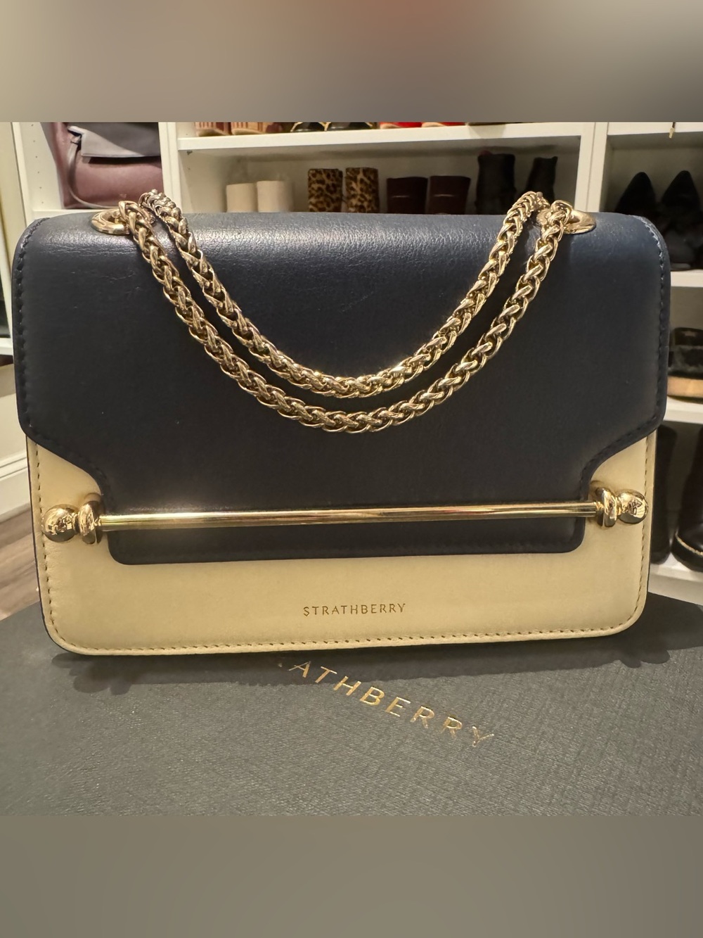 Strathberry Navy and Cream Leather Shoulder Bag with Gold Hardware